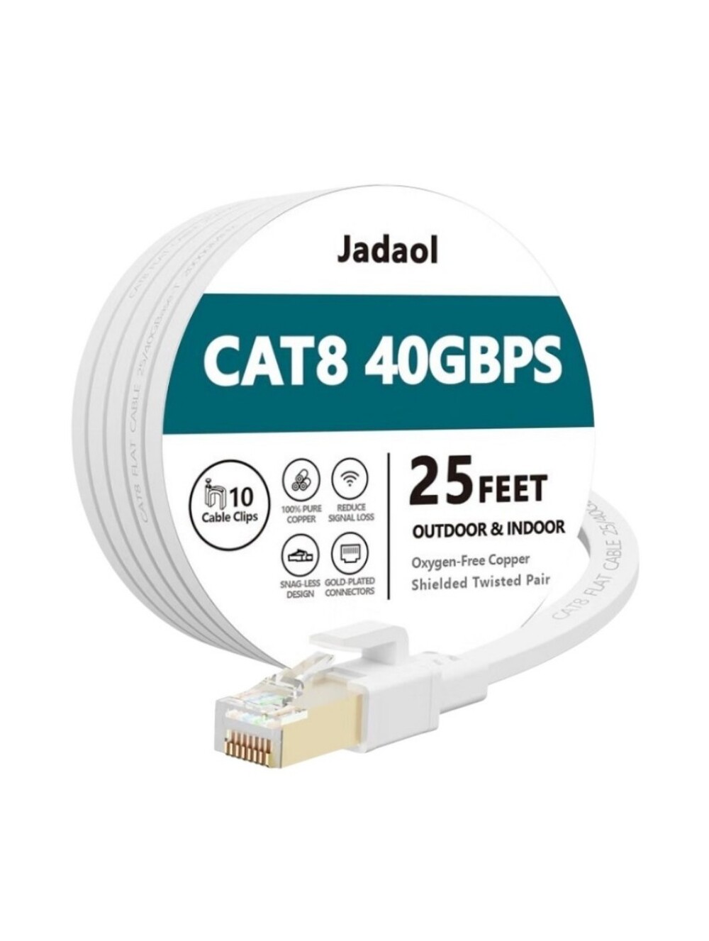 Cat8 White Flat Ethernet Cable Indoor Outdoor, 40 GBPS, 2000 MHz, 25 Feet NEW